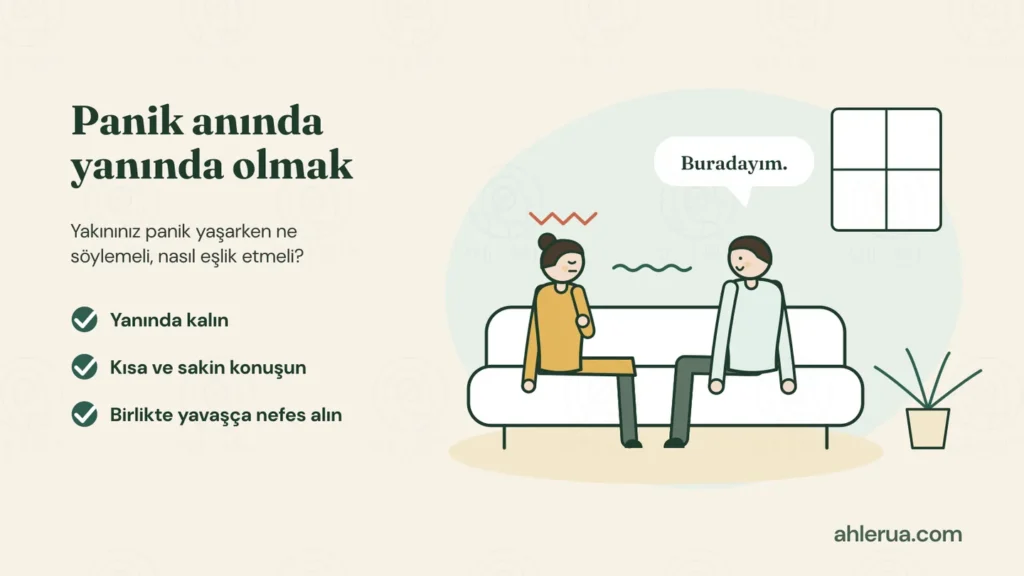 Kanepede oturan iki yetişkin: başının üstünde gerginlik çizgisi olan, gözleri kapalı, eli göğsünde bir kadın ve yanında sakin oturup “Buradayım.” diyen bir erkek; aralarında sakin bir dalga çizgisi. Solda “Panik anında yanında olmak” başlığı ve yeşil onay işaretli üç öneri: Yanında kalın, kısa ve sakin konuşun, birlikte yavaşça nefes alın.