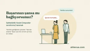 Kapak illüstrasyonu: Ofiste masasındaki dizüstü bilgisayarın yanında duran bir kadın, elini göğsüne koymuş. Yanındaki meslektaşı gülümseyerek “Harika sunumdu!” diyor; kadının balonunda ise “Şanstı herhalde…” yazıyor. Solda “Başarınızı şansa mı bağlıyorsunuz?” başlığı ve “Sahtekârlık hissini (imposter sendromu) tanımak” alt başlığı ile “Tebrikler geldiğinde içinizden “Yakında anlarlar” diyen sesi fark etmek için kısa bir rehber.” satırı var.