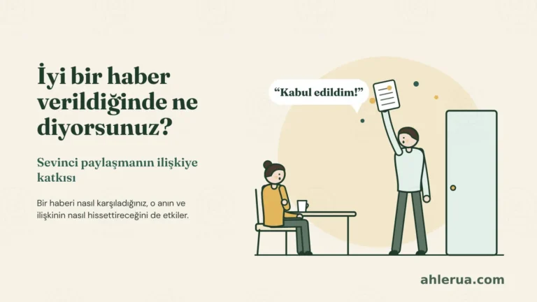 Kapı aralığından gelen bir adam elindeki kâğıdı sevinçle havaya kaldırmış, konuşma balonunda “Kabul edildim!” yazıyor; masada oturan kadın ona dönmüş. Başlık: İyi bir haber verildiğinde ne diyorsunuz?