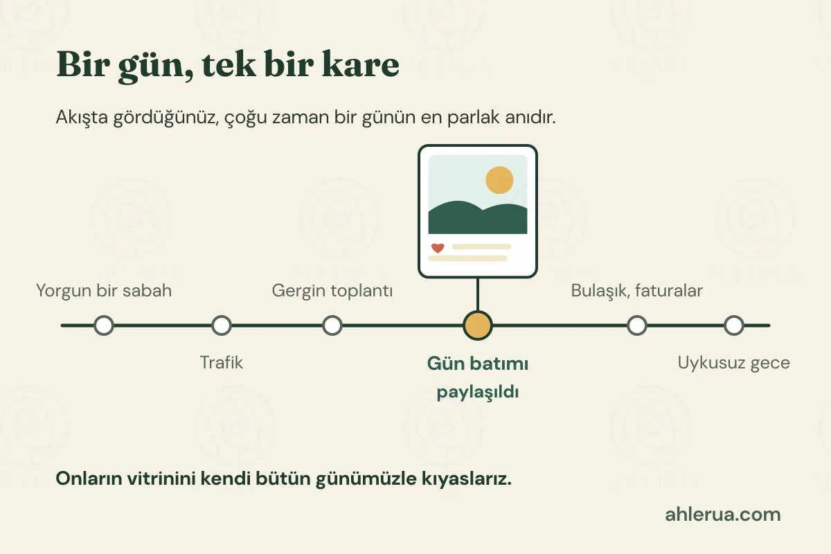 Bir gün, tek bir kare başlıklı yatay zaman çizelgesi: yorgun bir sabah, trafik, gergin toplantı, gün batımı, bulaşık ve faturalar, uykusuz gece. Yalnız gün batımı anı bir gönderi kartıyla vurgulanmış ve paylaşıldı diye işaretlenmiş. Altta: Onların vitrinini kendi bütün günümüzle kıyaslarız.
