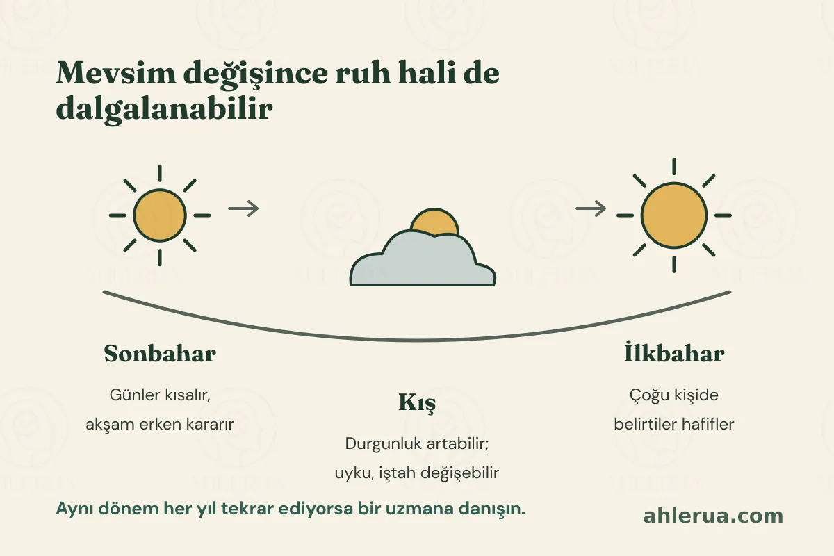 Sonbahar, kış ve ilkbaharı bir yay üzerinde gösteren infografik: sonbaharda günler kısalır, kışta durgunluk artabilir, uyku ve iştah değişebilir, ilkbaharda çoğu kişide belirtiler hafifler; aynı dönem her yıl tekrar ediyorsa bir uzmana danışılması önerilir.