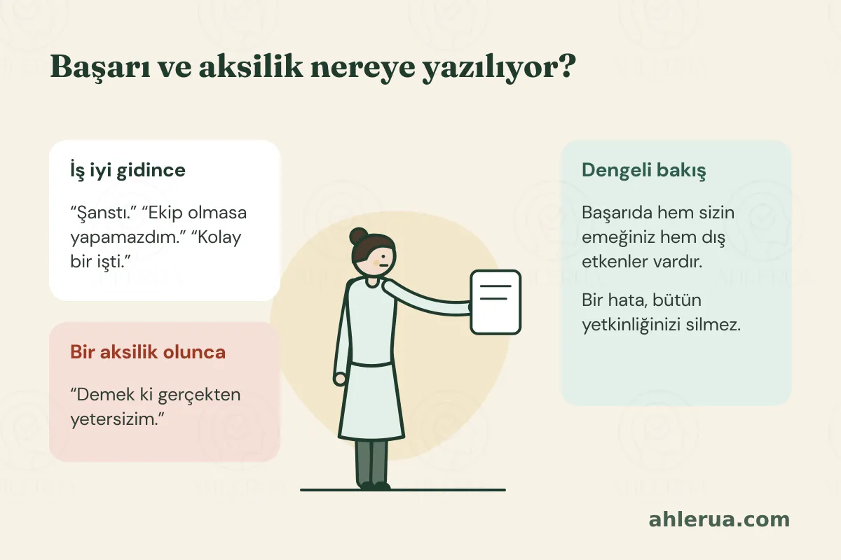 İnfografik, başlık: “Başarı ve aksilik nereye yazılıyor?” Ayakta duran ve elinde bir rapor tutan bir kadın. Solda iki kart var. Birincisinde iş iyi gidince söylenenler yazıyor: “Şanstı”, “Ekip olmasa yapamazdım”, “Kolay bir işti”. İkincisinde bir aksilik olunca söylenen “Demek ki gerçekten yetersizim” cümlesi yer alıyor. Sağdaki yeşil kartta dengeli bakış yazıyor: Başarıda hem sizin emeğiniz hem dış etkenler vardır; bir hata bütün yetkinliğinizi silmez.