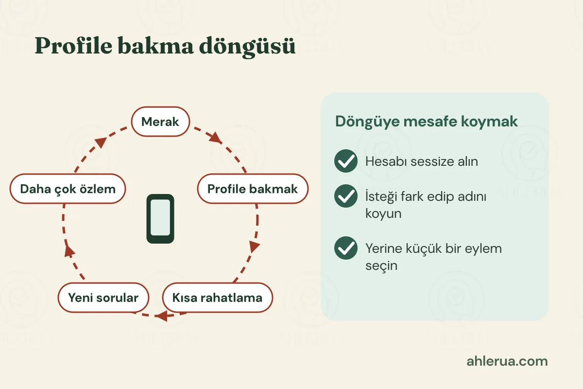 Bakma döngüsünü anlatan infografik: merak, profile bakmak, kısa rahatlama, yeni sorular ve daha çok özlem bir halka hâlinde birbirine bağlı; yanında döngüyü kırmak için yeşil kartta üç öneri var.
