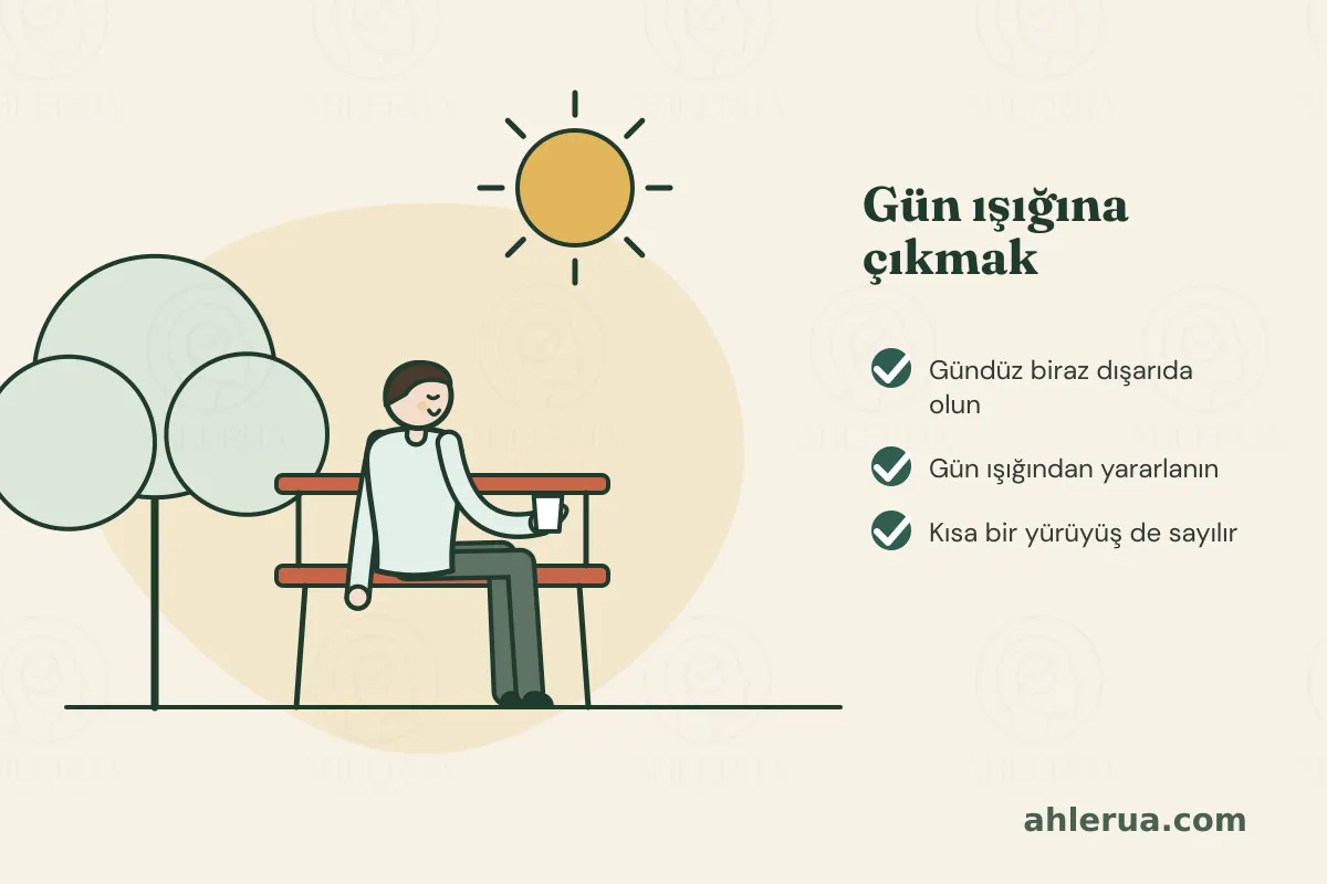 Güneşli bir öğle vakti parkta bankta oturan, gözleri kapalı, elinde bardakla dinlenen bir adam; yanında “Gün ışığına çıkmak” başlığı altında gündüz biraz dışarıda olmak, gün ışığından yararlanmak ve kısa bir yürüyüşün de sayıldığı yazıyor.