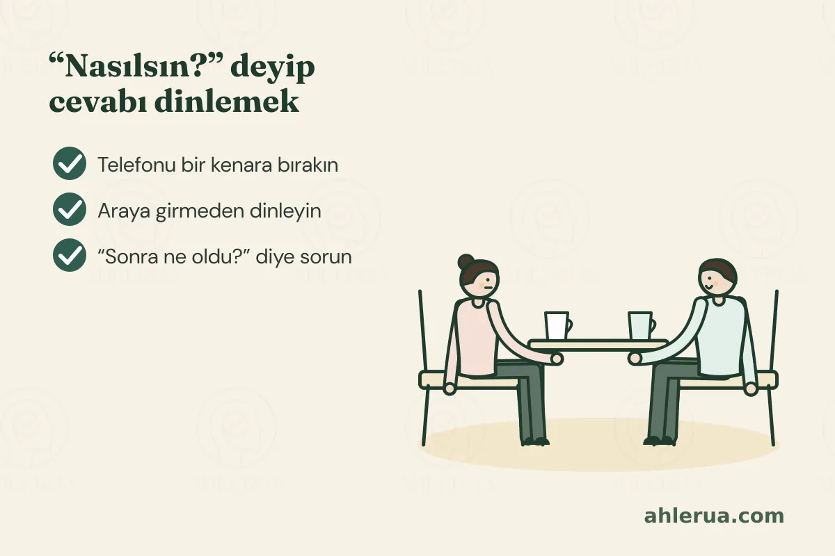 Bir masada çay içen iki yetişkin: kadın anlatıyor, adam ona dönmüş dinliyor; yanında “Nasılsın? deyip cevabı dinlemek” başlığı ve telefonu bir kenara bırakın, araya girmeden dinleyin, “Sonra ne oldu?” diye sorun notları.
