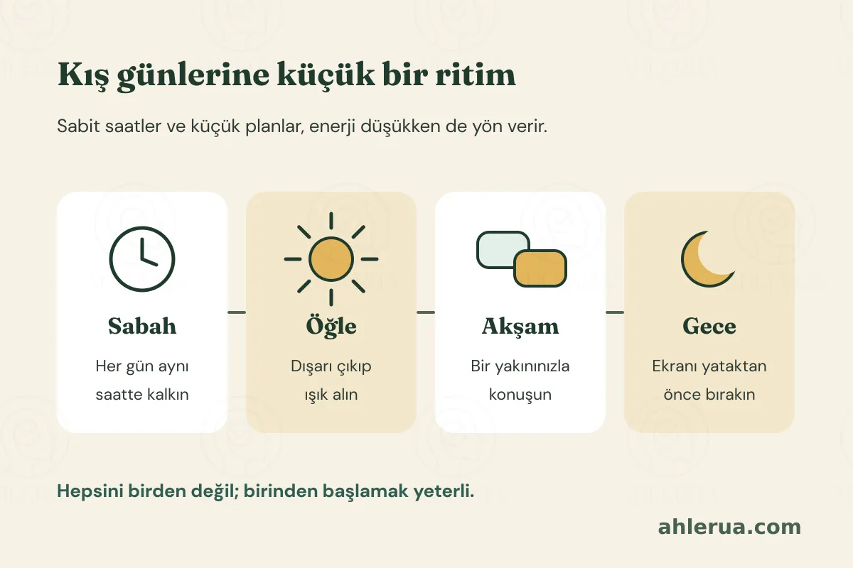 Sabah, öğle, akşam ve gece için dört kartlık günlük ritim şeridi: sabah her gün aynı saatte kalkın, öğle dışarı çıkıp ışık alın, akşam bir yakınınızla konuşun, gece ekranı yataktan önce bırakın; altta hepsini birden değil, birinden başlamanın yeterli olduğu yazıyor.