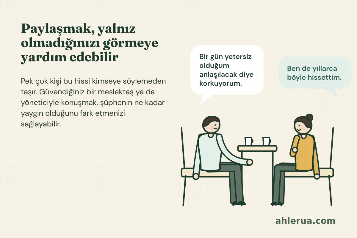 İllüstrasyon: Küçük bir masanın iki yanında, sandalyelerde karşılıklı oturan iki meslektaş; masada iki bardak var. Adam “Bir gün yetersiz olduğum anlaşılacak diye korkuyorum.” diyor; kadın elini göğsüne koyarak gülümsüyor ve “Ben de yıllarca böyle hissettim.” diyor. Solda “Paylaşmak, yalnız olmadığınızı görmeye yardım edebilir” başlığı ve bu hissi pek çok kişinin kimseye söylemeden taşıdığını, güvenilen biriyle konuşmanın şüphenin yaygınlığını fark ettirebileceğini anlatan kısa bir metin var.